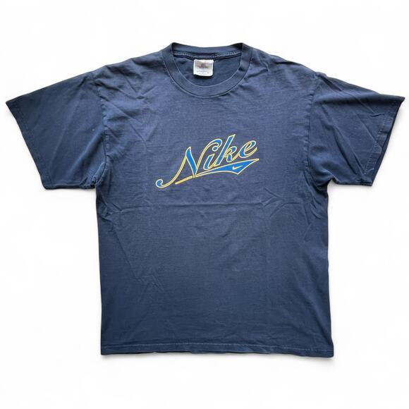 Vintage 90s Nike White Tag Varsity Athletic Script Spellout T Shirt Faded Blue - Picture 1 of 8